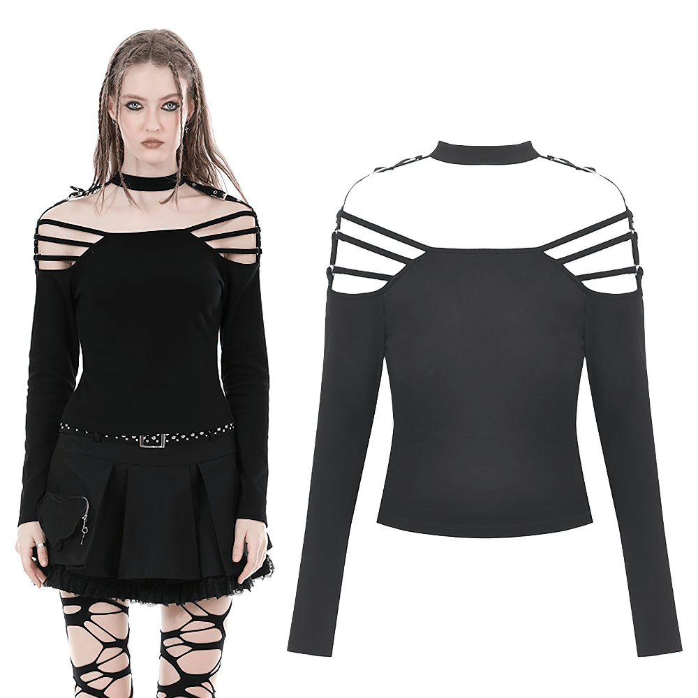 Sexy Gothic off-shoulder top with long sleeves and criss-cross straps, perfect for adding edge to any outfit.