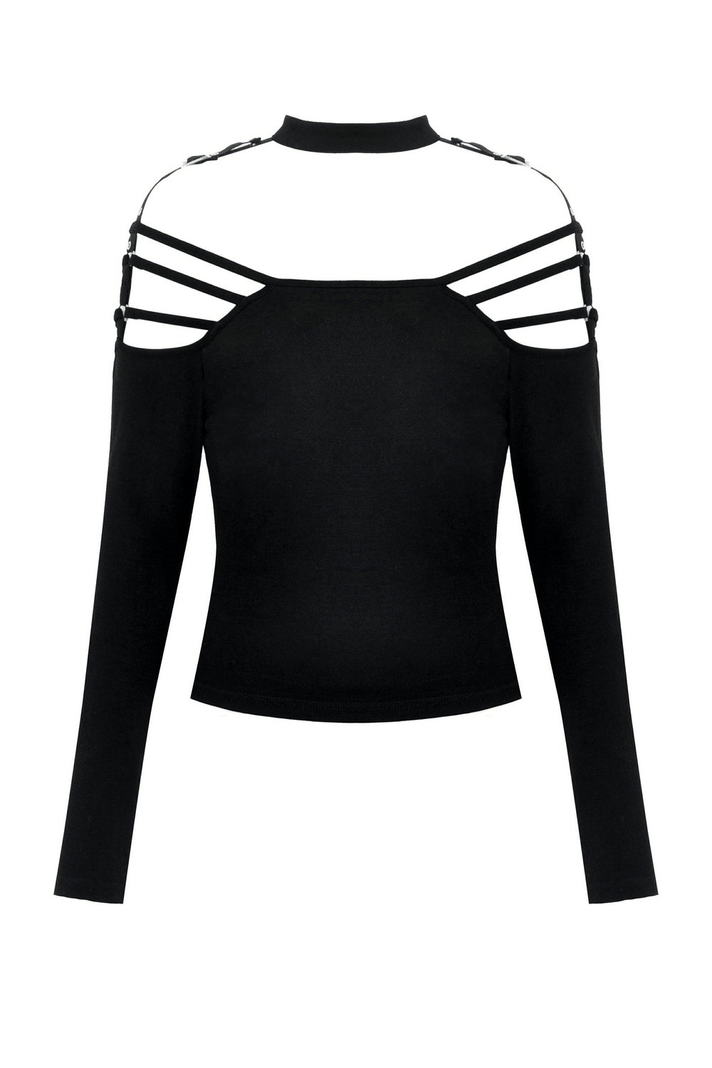 Sexy gothic off-shoulder top with long sleeves showcasing a bold strap design and chic black fabric.