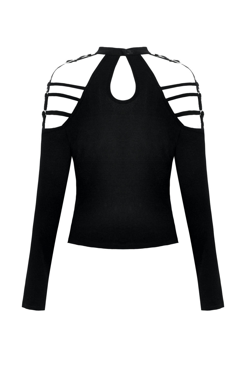 Back view of a sexy gothic off-shoulder top with long sleeves and strap details, perfect for a dark queen look.