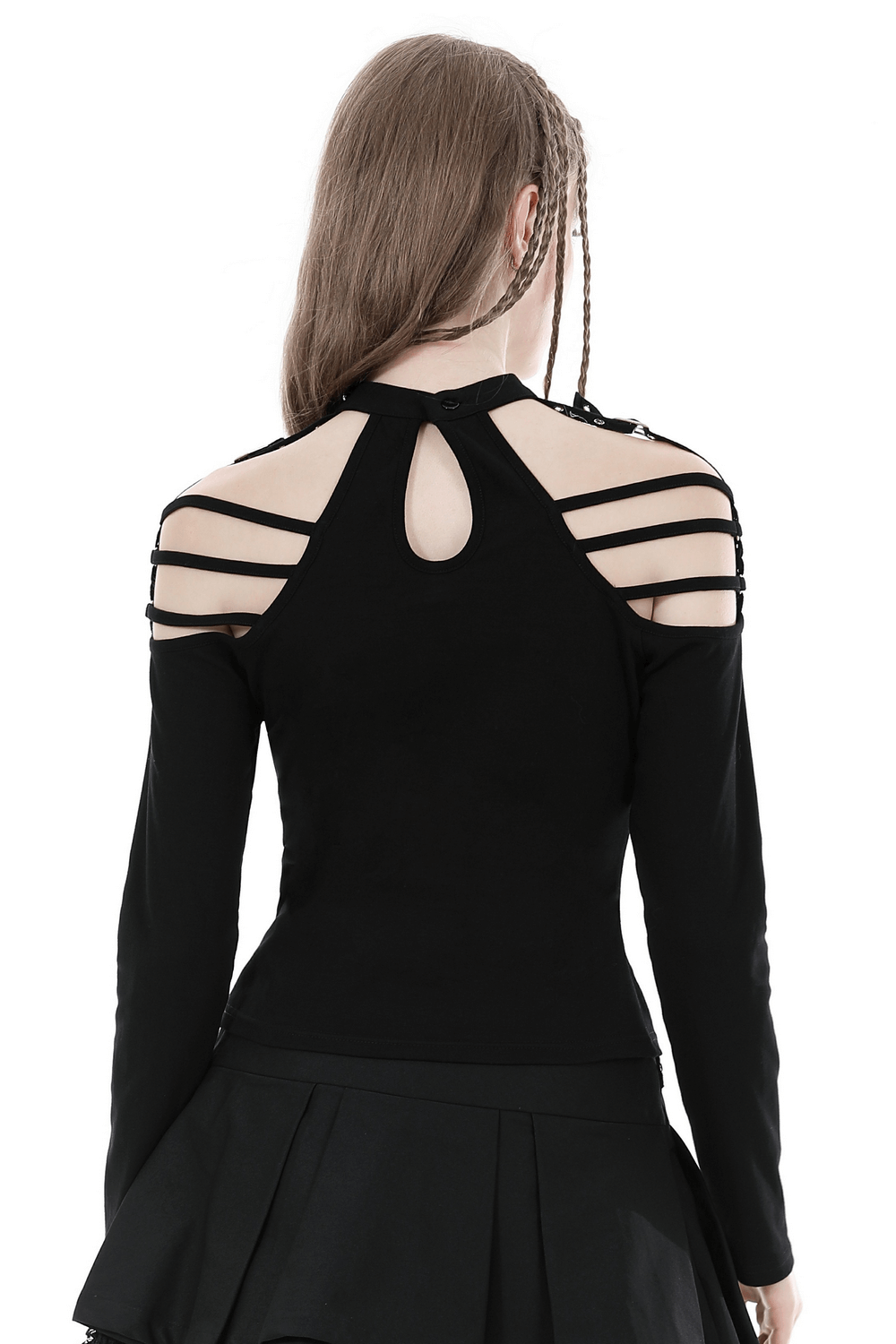 Back view of a sexy gothic off-shoulder top with long sleeves and strap details, perfect for a dark aesthetic.