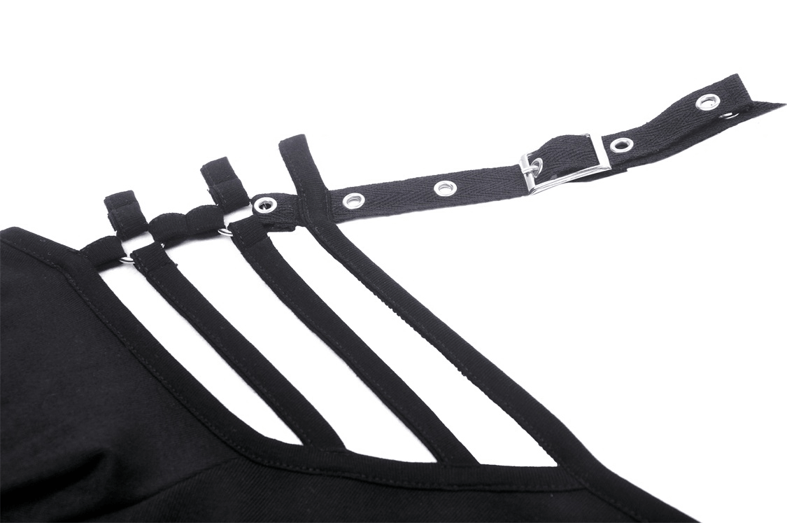 Detail of sexy gothic off-shoulder top featuring unique strap design and buckle accents for a bold look.