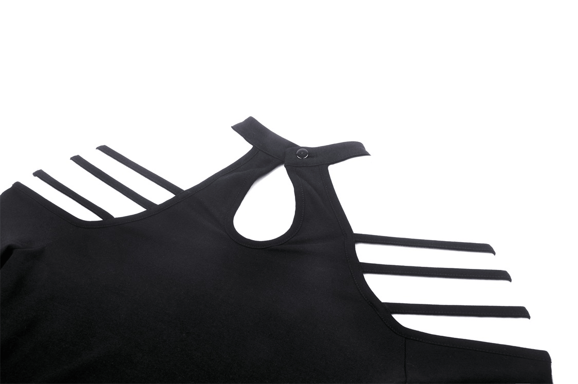 Close-up of a sexy gothic off-shoulder top with stylish cut-out details and button closure.