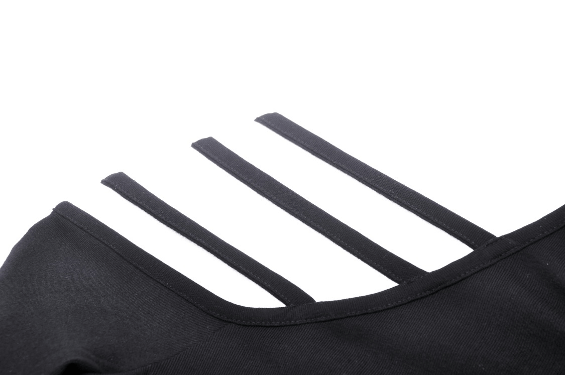 Close-up of the sexy gothic off-shoulder top featuring unique strap detailing, perfect for a dark, stylish look.