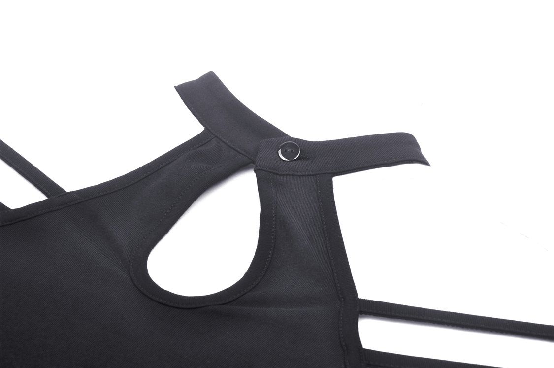 Close-up of stylish black off-shoulder top showcasing unique shoulder strap design and button detail.