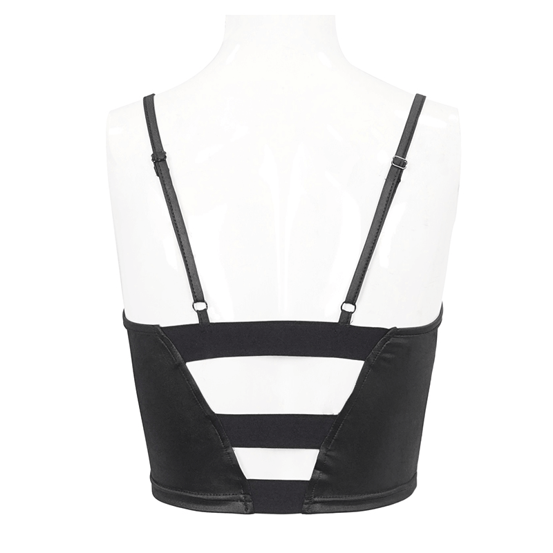 Back view of women's sexy grunge crop top with adjustable straps and unique cutout design.