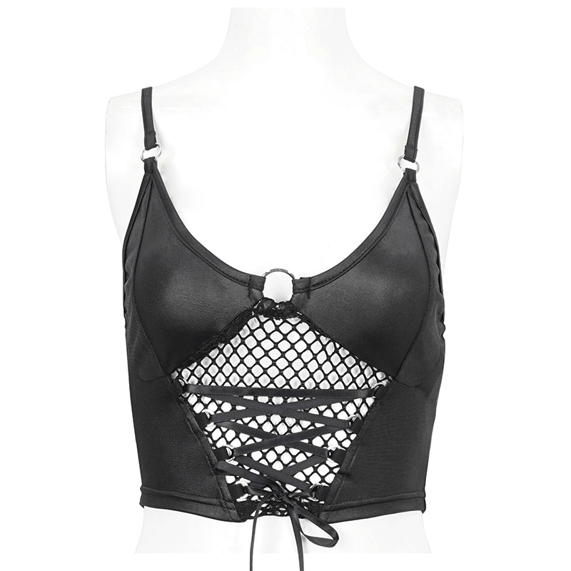 Black lace-up grunge crop top with net front and adjustable straps for a bold, sexy look.