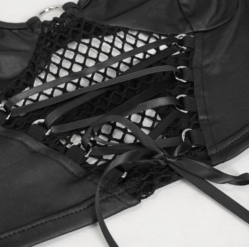 Close-up of sexy grunge crop top with lace-up detailing and net front, perfect for a bold fashion statement.