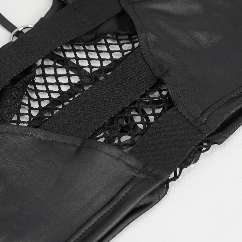 Close-up of women's sexy grunge crop top featuring a lace-up net front and adjustable straps for a bold look.