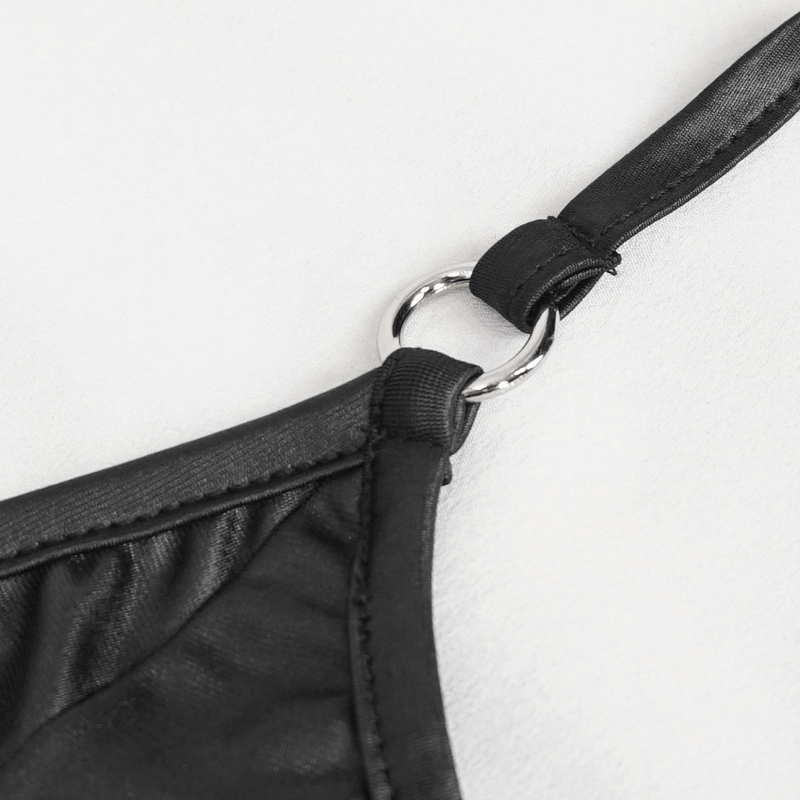 Close-up of adjustable shoulder strap with ring detail on sexy grunge women's crop top, showcasing stylish design and fit.