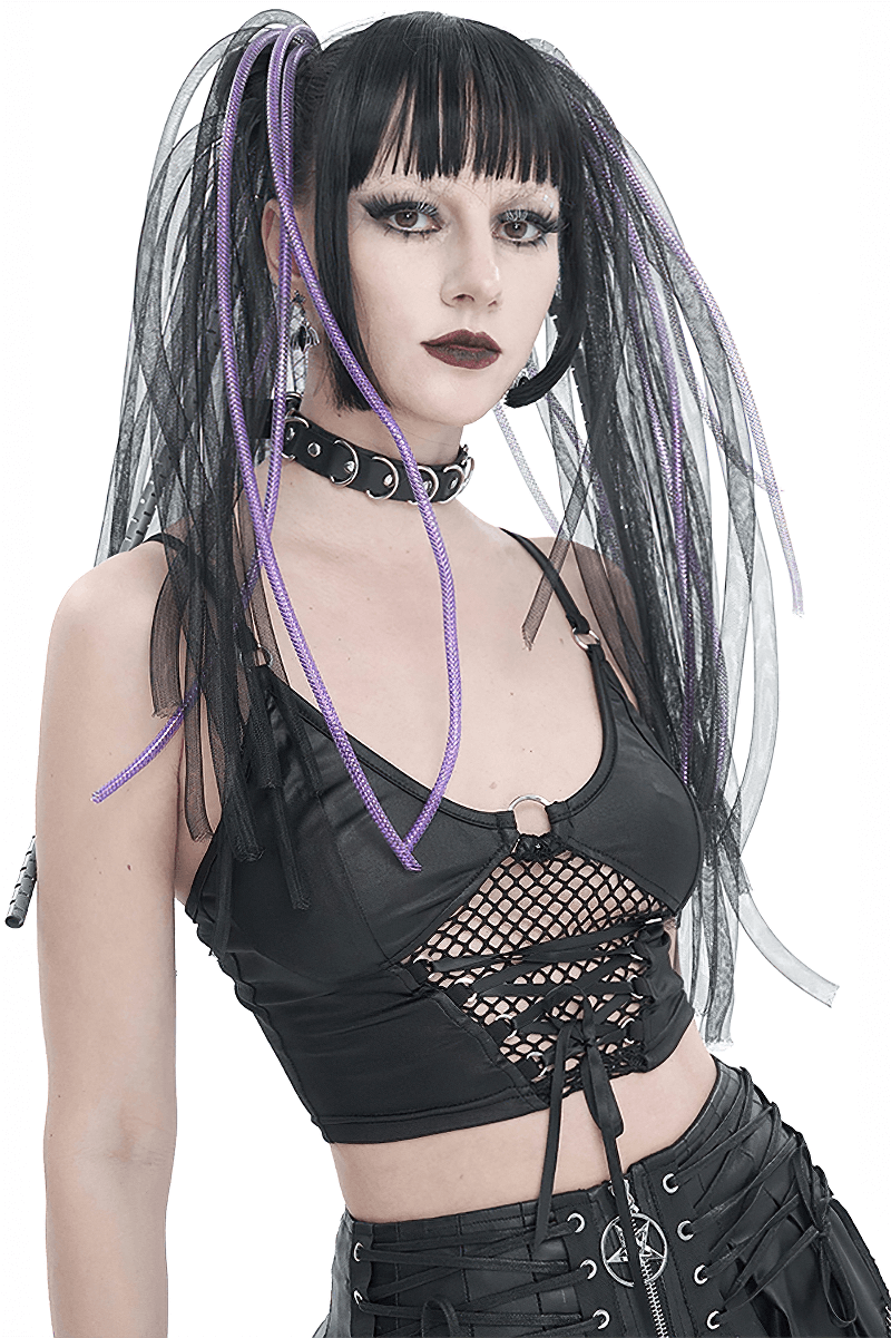 Model wearing a sexy grunge black crop top with lace-up net front, adjustable straps, and edgy accessories.