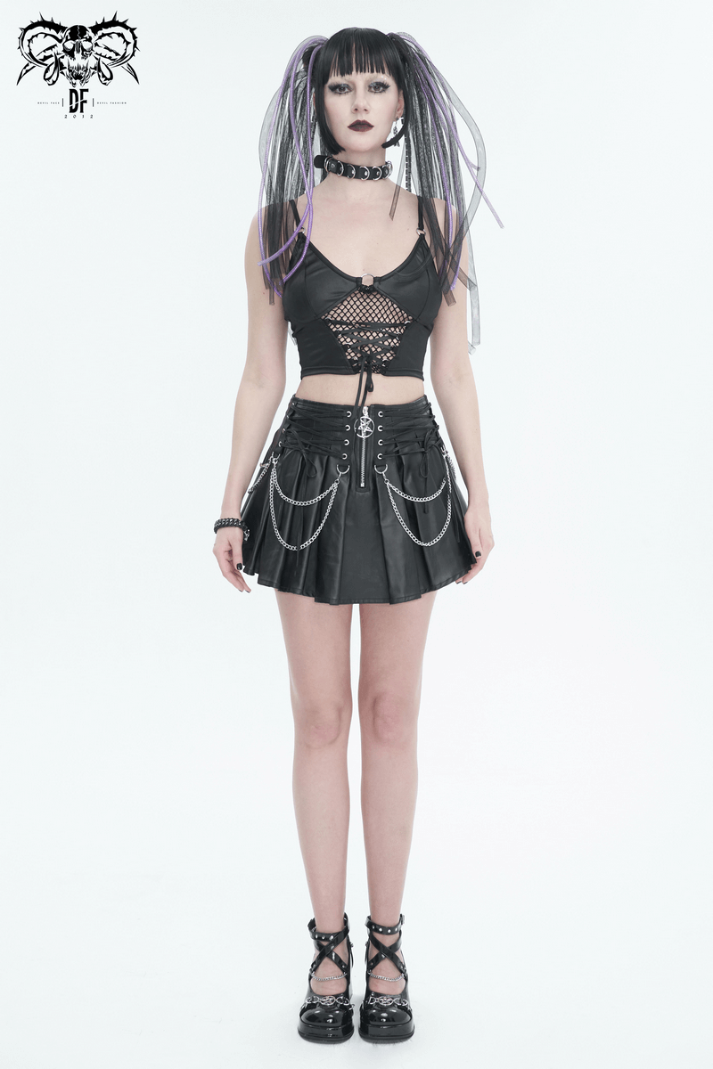 Stylish model in a black sexy grunge crop top with lace-up net design and leather skirt, showcasing edgy fashion vibes.