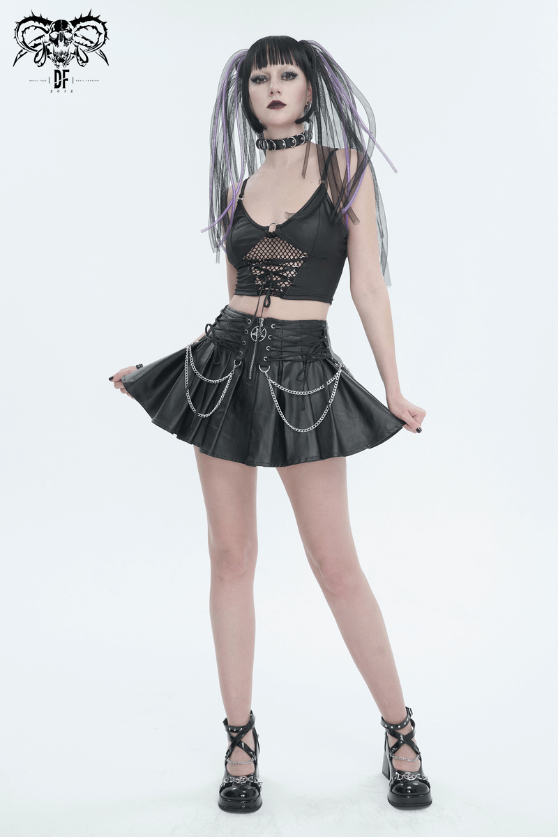 Women's sexy grunge camis featuring lace-up net front, paired with a flirty black skirt, perfect for bold fashionistas.