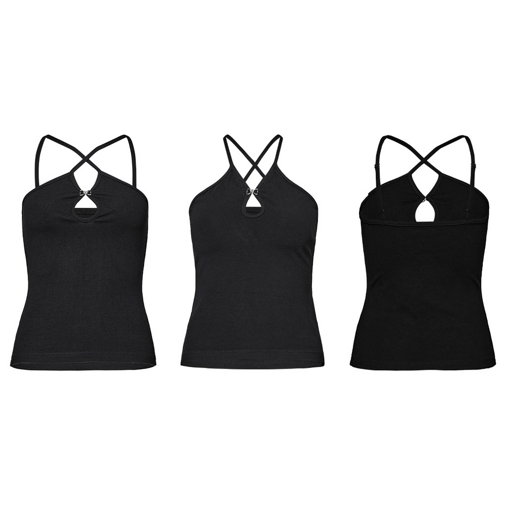 Sexy black halter camisole with unique waterdrop cutout and crisscross straps showing different angles.