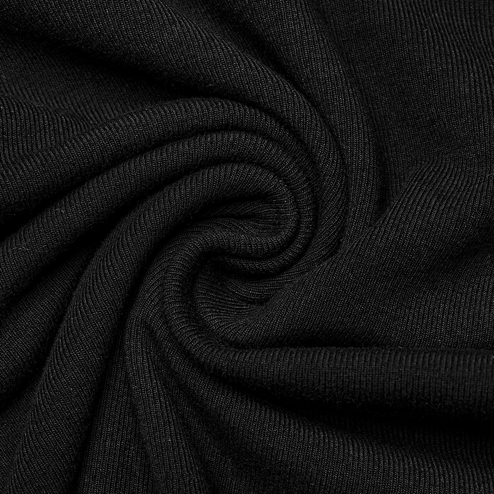Close-up of soft, stretchy black fabric, ideal for a stylish halter camisole with unique metal buckle details.