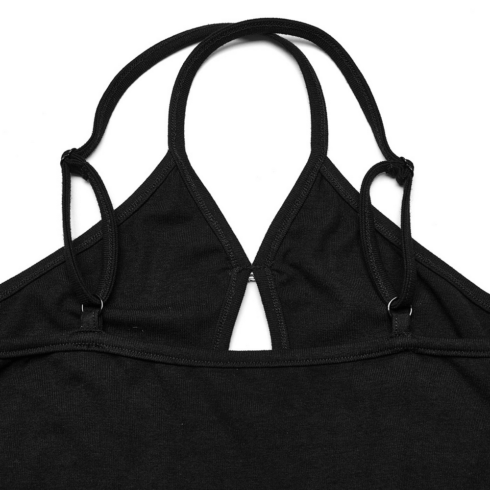 Black halter camisole with unique strappy back design for edgy, chic style.