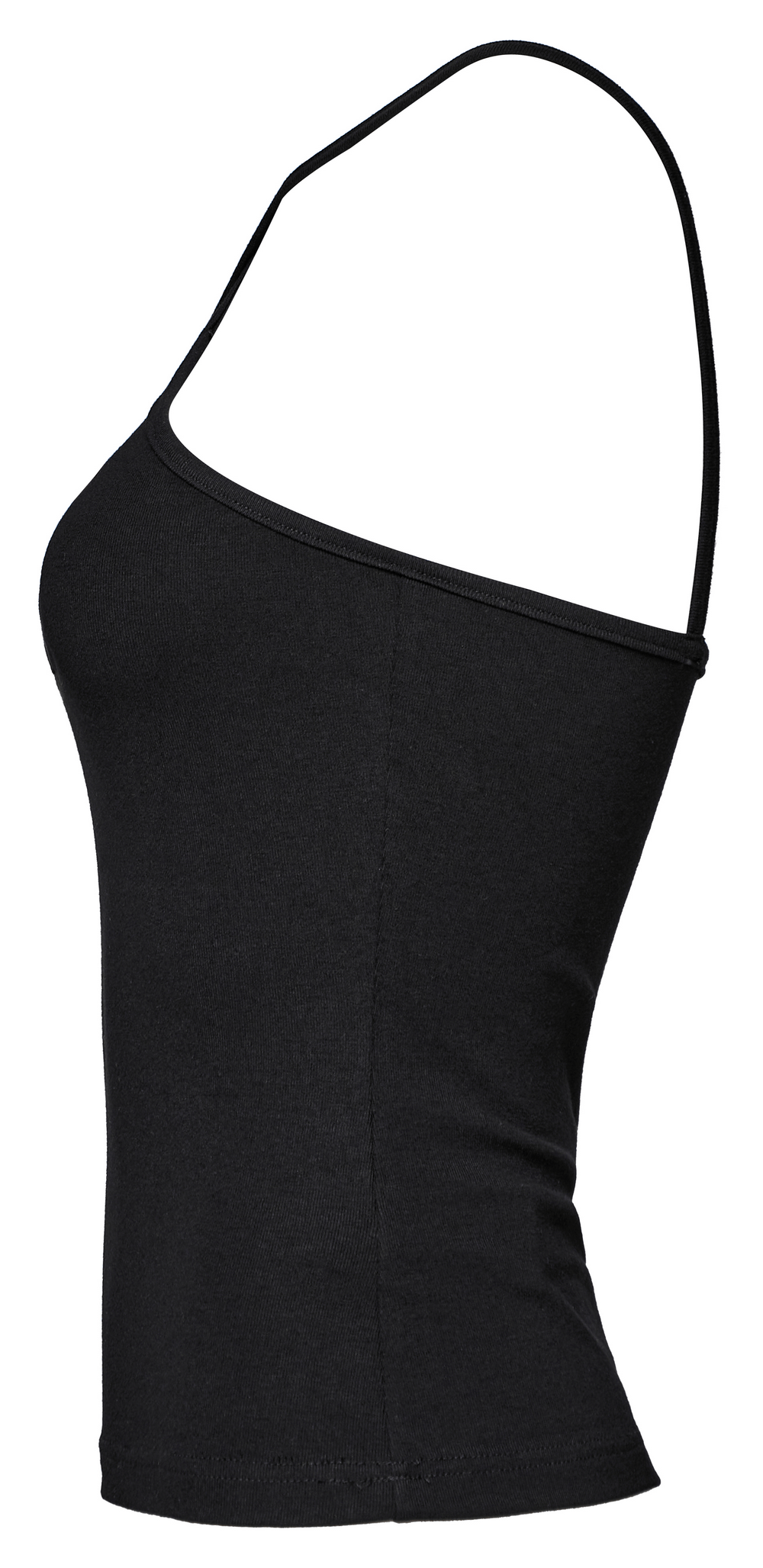Sexy black halter camisole with one strap and sleek design for a chic rockstar look.