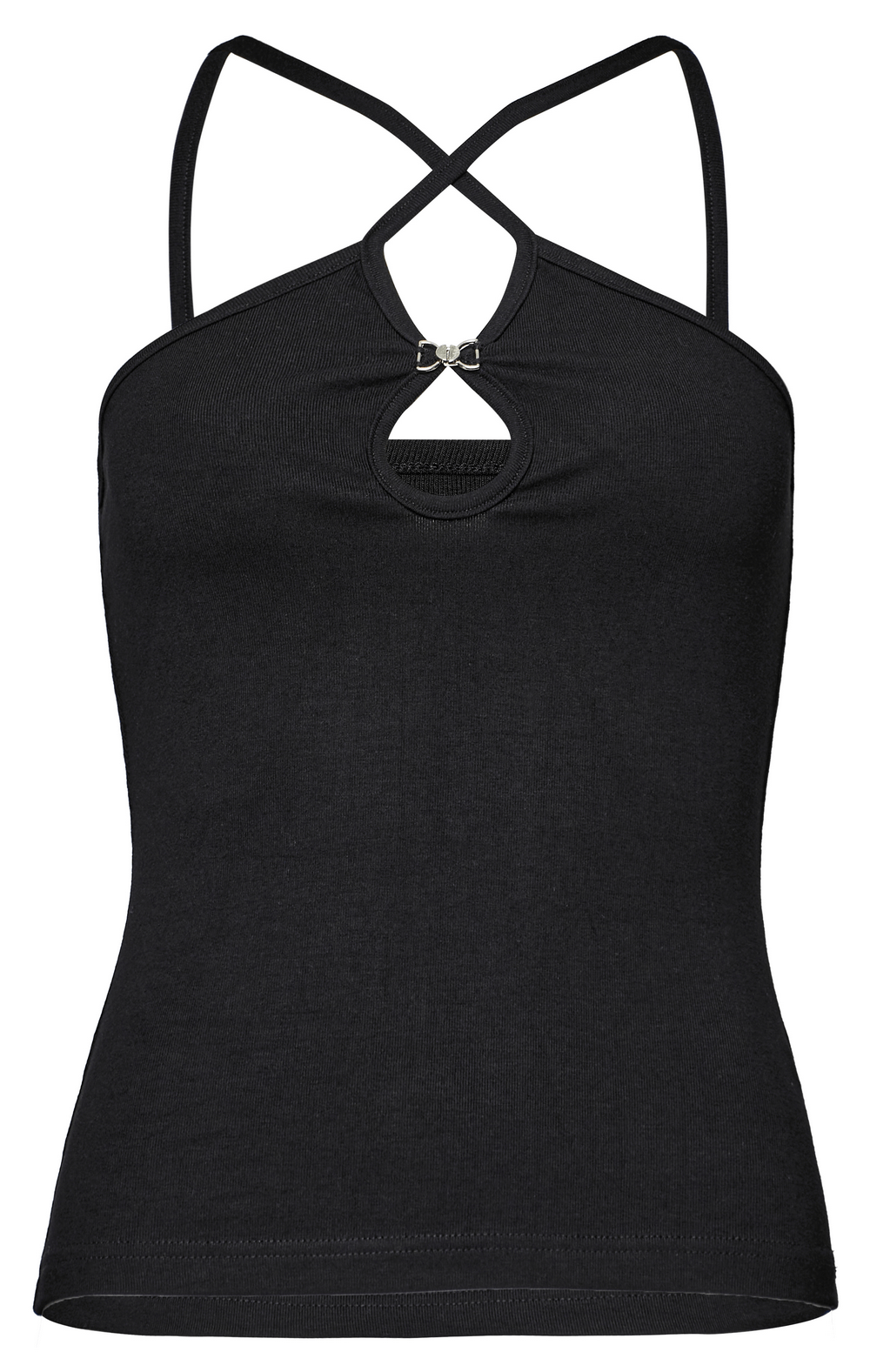 Stylish black halter camisole with metal buckle detailing and waterdrop cutout, perfect for edgy outfits.