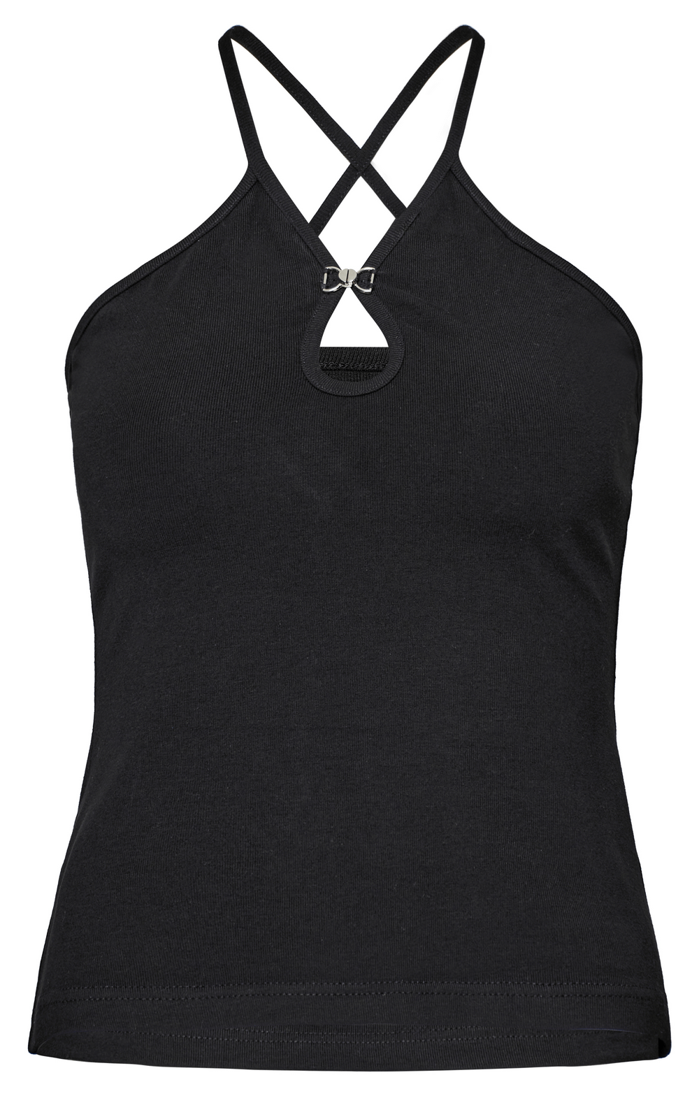 Black halter camisole with metal buckle detailing, featuring a daring waterdrop cutout and stylish design.