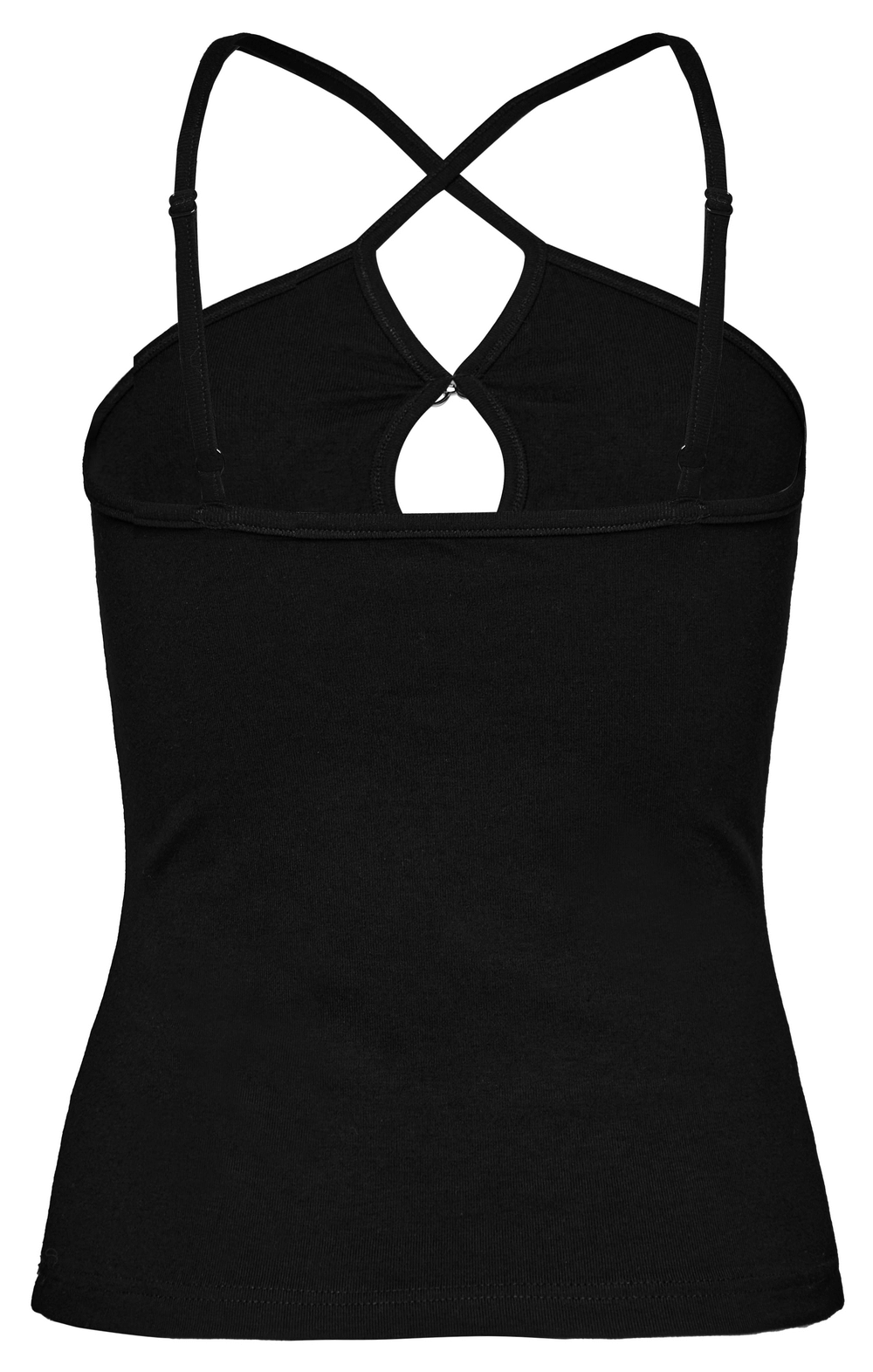 Black halter camisole showcasing cross-back design and keyhole cutout for a stylish, edgy look.