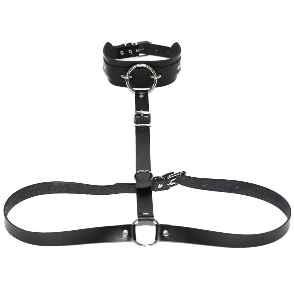 Sexy Harajuku PU leather body harness with choker and metal rings for cosplay and night parties.