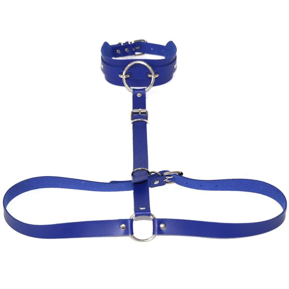 Blue PU leather body harness with choker and metal rings for an edgy, sexy cosplay look.