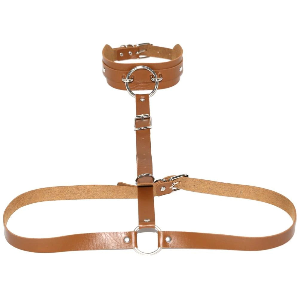 Brown PU leather body harness with choker collar and metal rings for cosplay and erotic outfits.