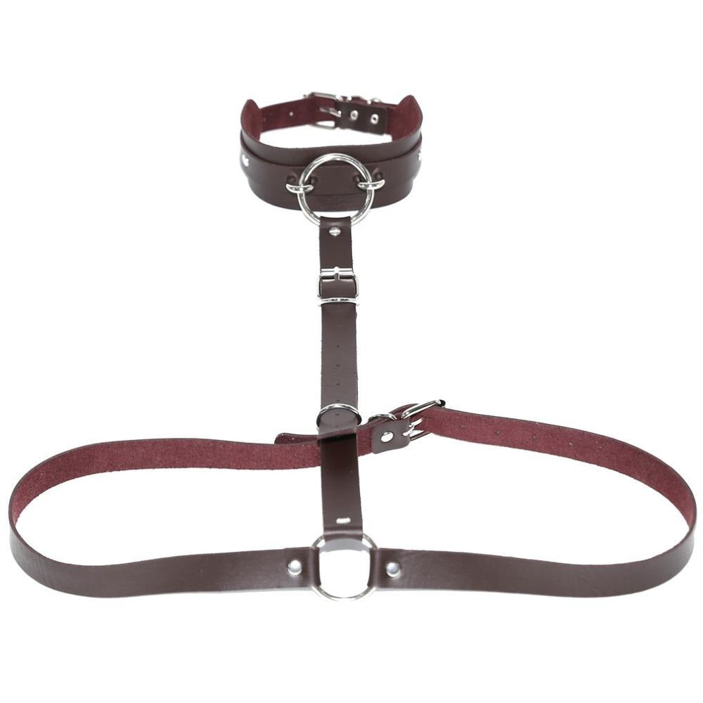 Brown PU leather body harness with choker collar and metal rings for cosplay or night parties.