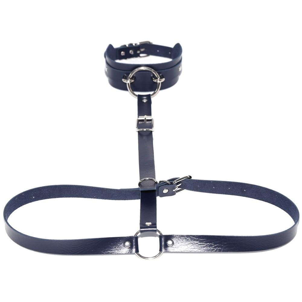 Sexy Harajuku PU leather body harness with choker collar and metal rings for edgy cosplay outfits.