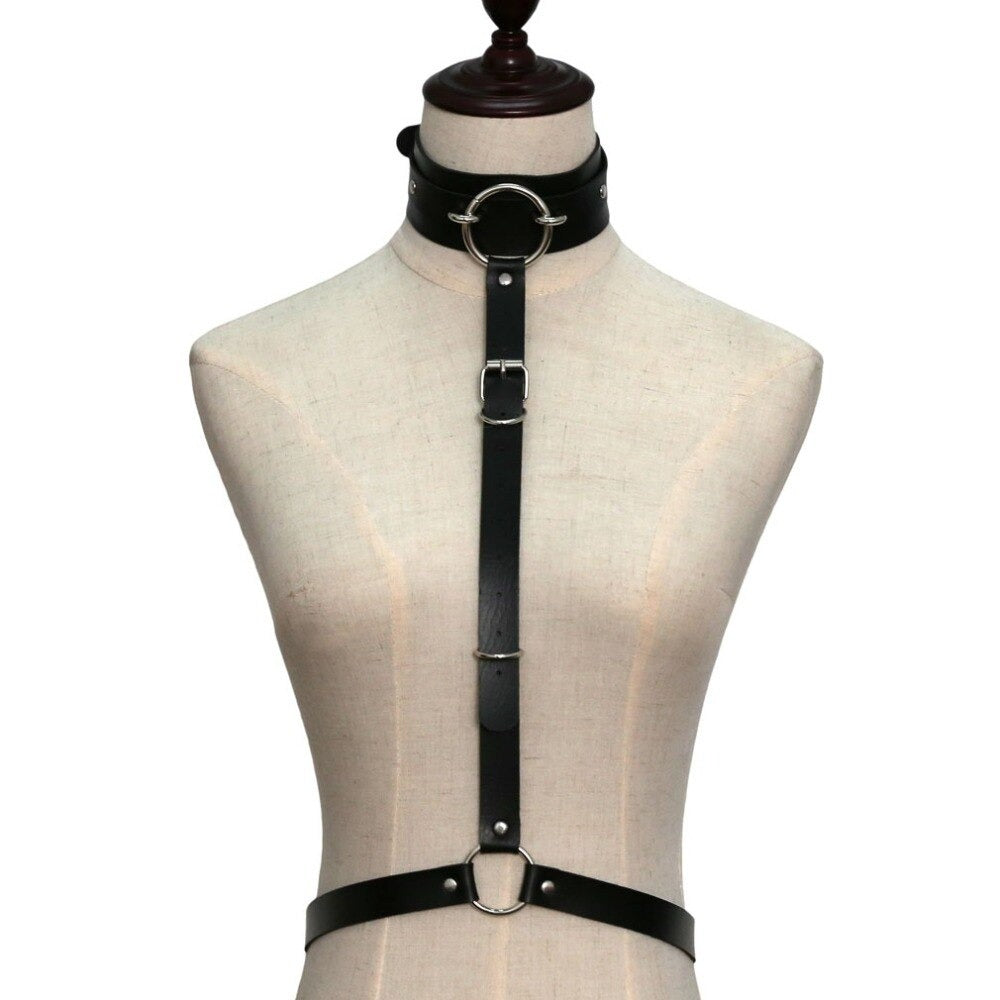 Sexy PU leather body harness with choker collar and metal ring for cosplay and night parties.