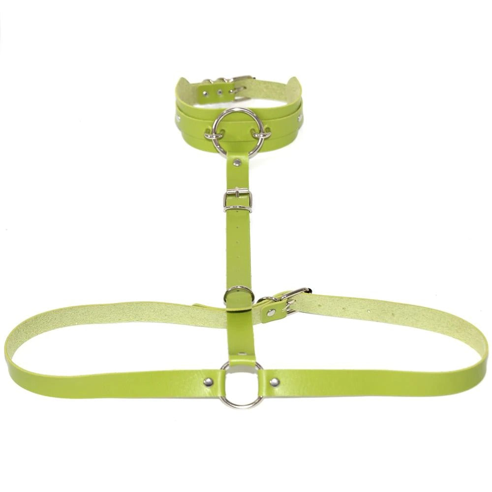 Vibrant green PU leather body harness with choker and metal ring, perfect for cosplay and edgy night parties.
