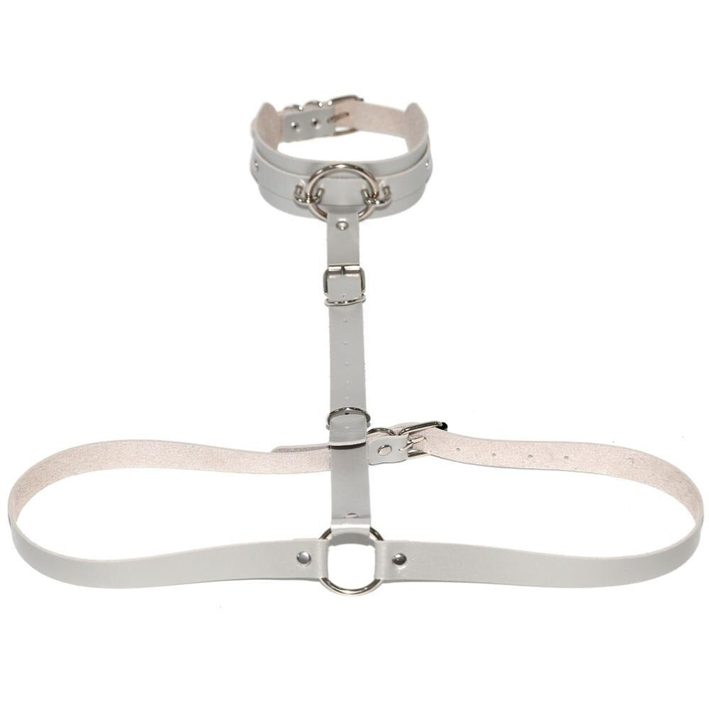 Sexy Harajuku PU leather body harness with choker and metal rings for a bold cosplay erotic look.