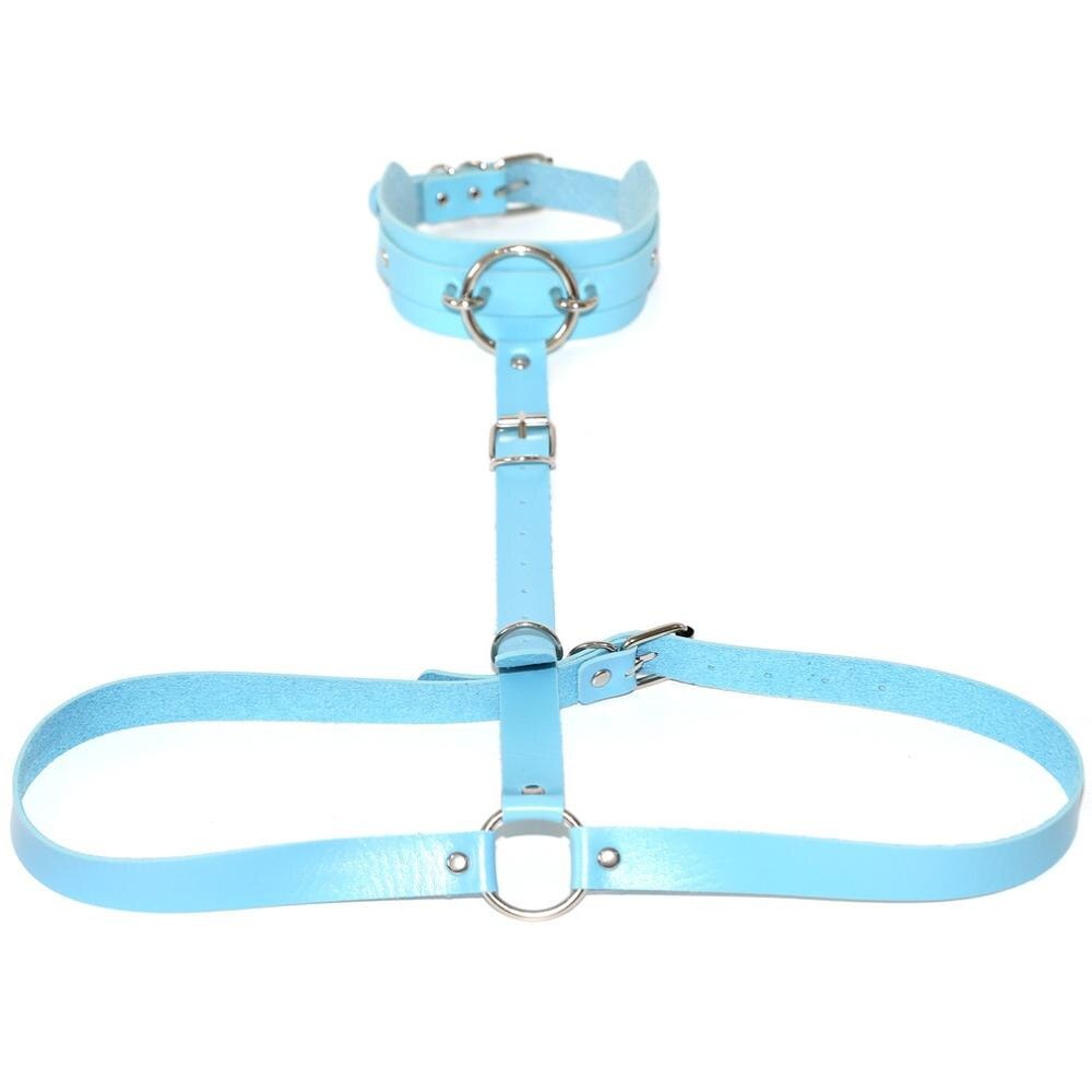 Blue PU leather body harness with choker and metal rings, perfect for cosplay and bold night party looks.
