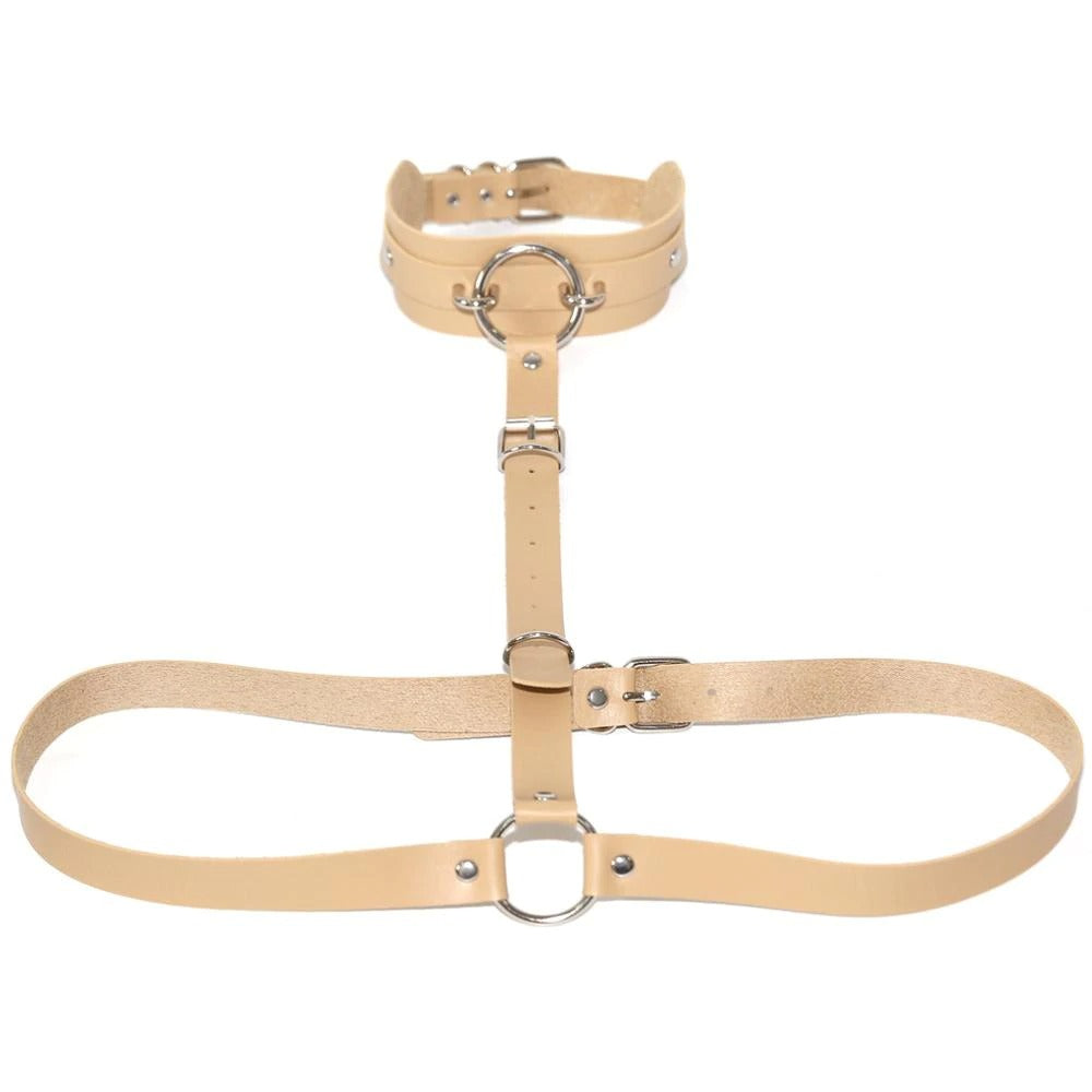 Stylish sexy PU leather body harness with choker collar and metal rings for bold cosplay outfits.