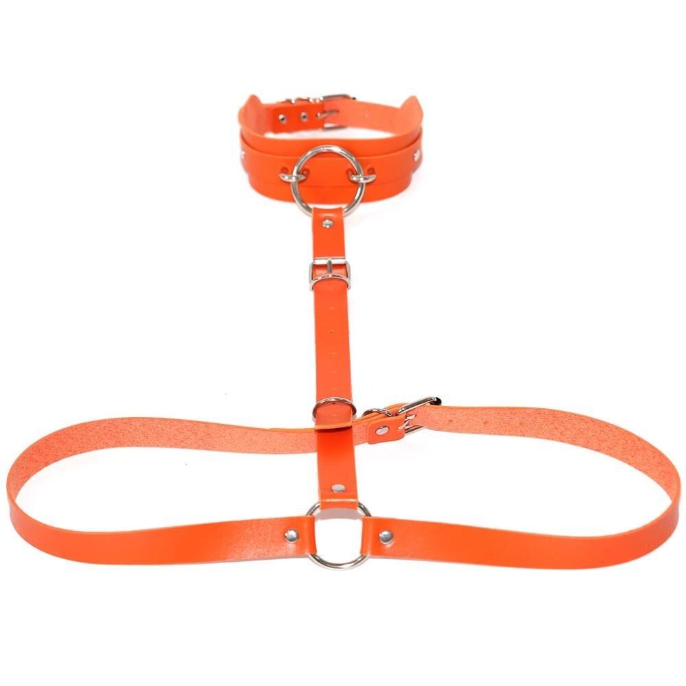 Sexy orange PU leather body harness and choker collar with metal rings for cosplay and erotic outfits.