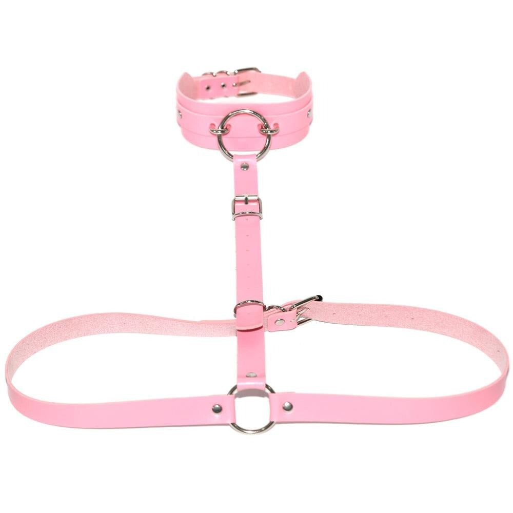 Pink PU leather body harness with metal rings and buckles, perfect for cosplay and fierce night outfits.