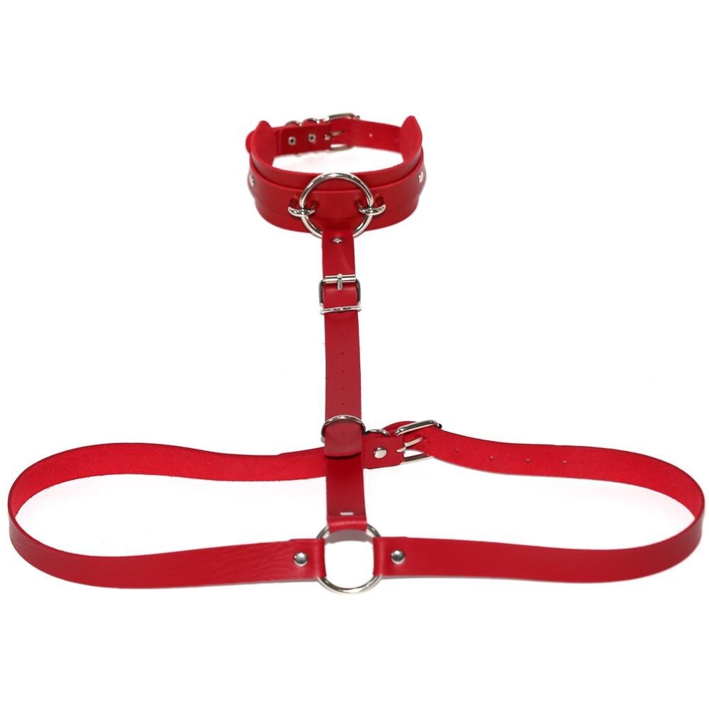 Sexy red PU leather body harness with choker and metal rings for cosplay and erotic outfits.