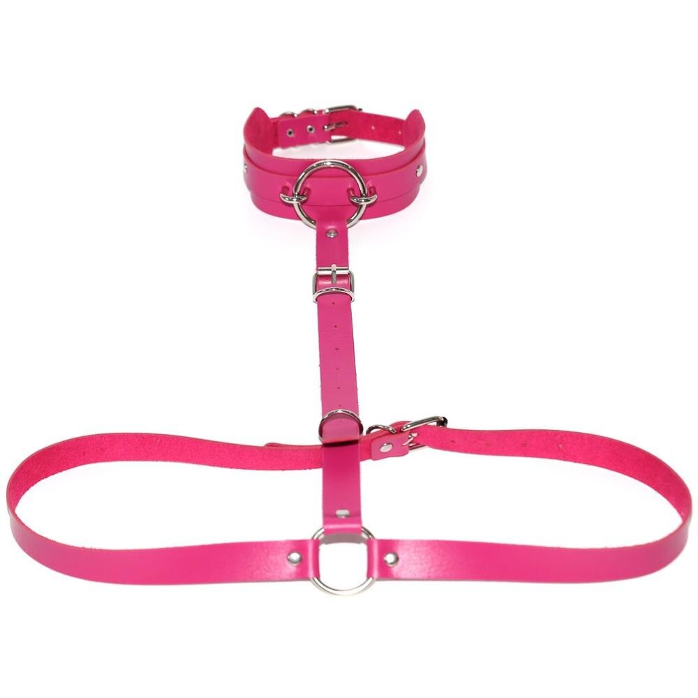 Fierce pink PU leather body harness with choker and metal ring, perfect for cosplay and daring night outings.