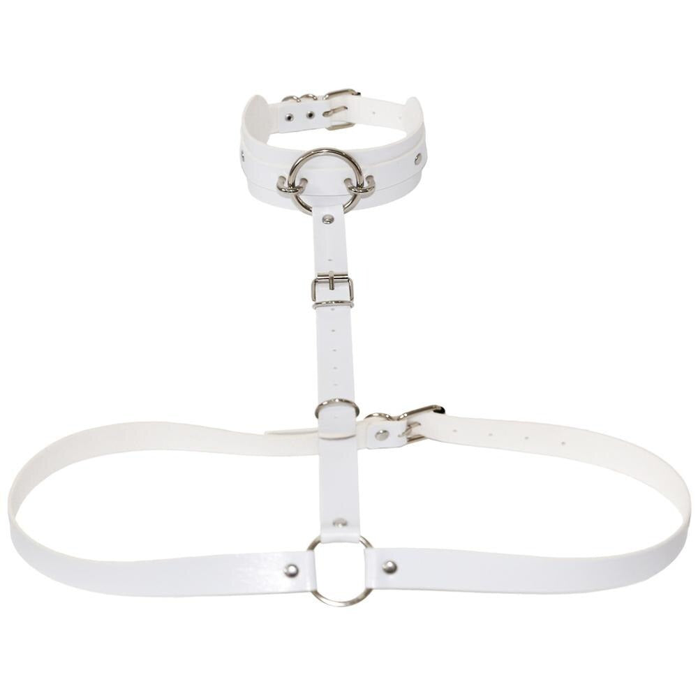 Stylish white PU leather body harness with choker collar and metal rings for bold cosplay outfits.