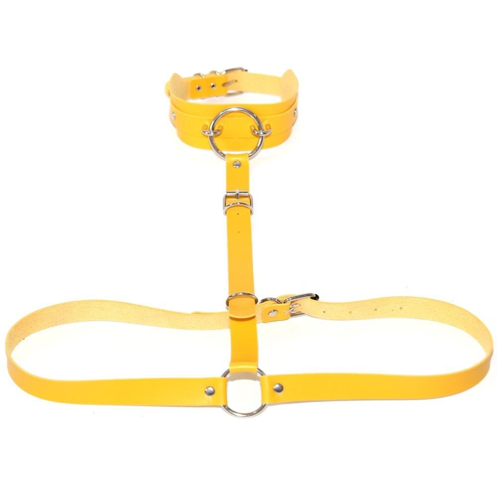 Bright yellow PU leather body harness with choker and metal rings for cosplay and erotic outfits.