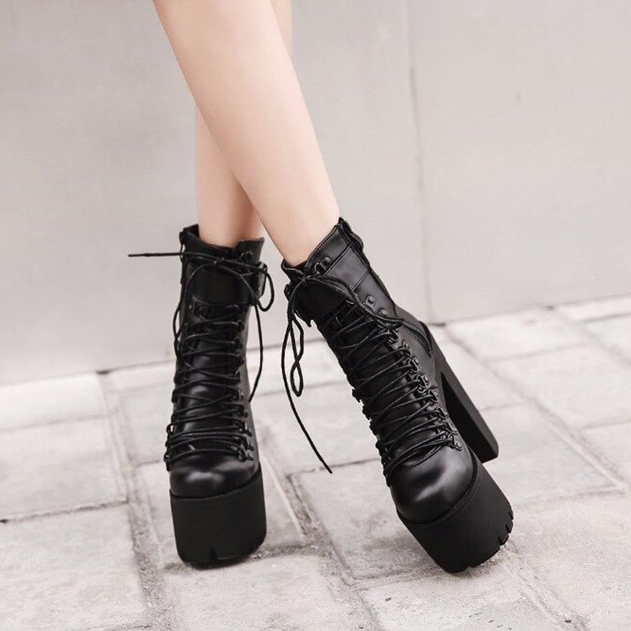Sexy High Heel Womens Boots / Classic Waterproof Black Platform Boots - HARD'N'HEAVY