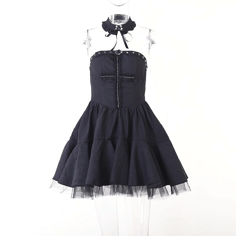 Sexy High Waist Fluffy Dress with Cross of Front / Gothic Women's Neckwear Collar Mini Dresses - HARD'N'HEAVY