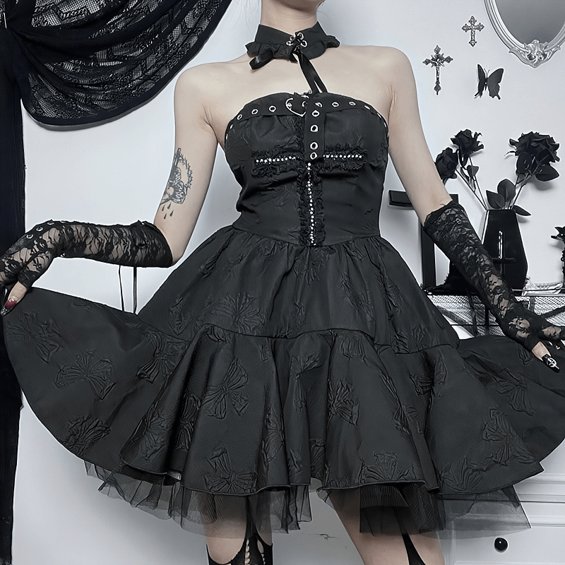 Sexy High Waist Fluffy Dress with Cross of Front / Gothic Women's Neckwear Collar Mini Dresses - HARD'N'HEAVY