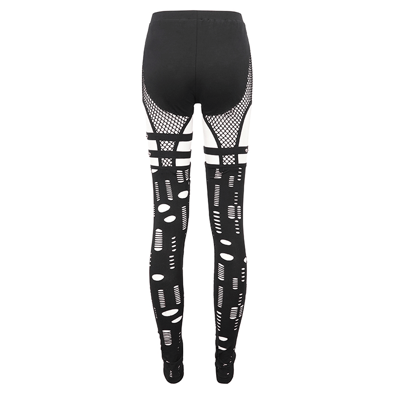 Sexy Hole Net Slim Leggings for Women / Elastic Leggings with Metal Studded Belt Accents on Thigh - HARD'N'HEAVY