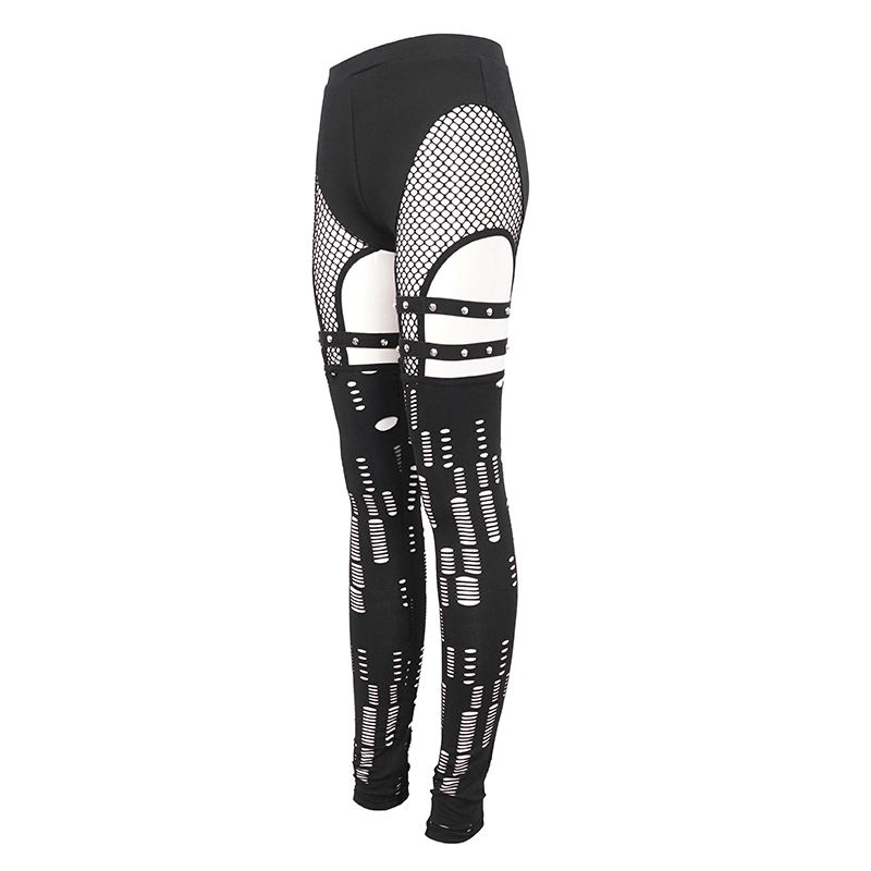 Sexy Hole Net Slim Leggings for Women / Elastic Leggings with Metal Studded Belt Accents on Thigh - HARD'N'HEAVY