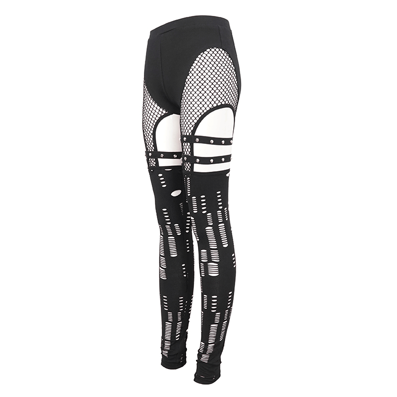 Gothic women's leggings featuring a provocative hole net design and metal studded accents for an edgy style.