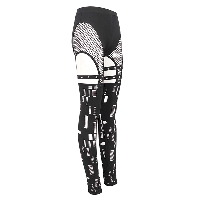 Sexy Gothic leggings for women with hole net design and studded accents, perfect for an edgy fashion statement.