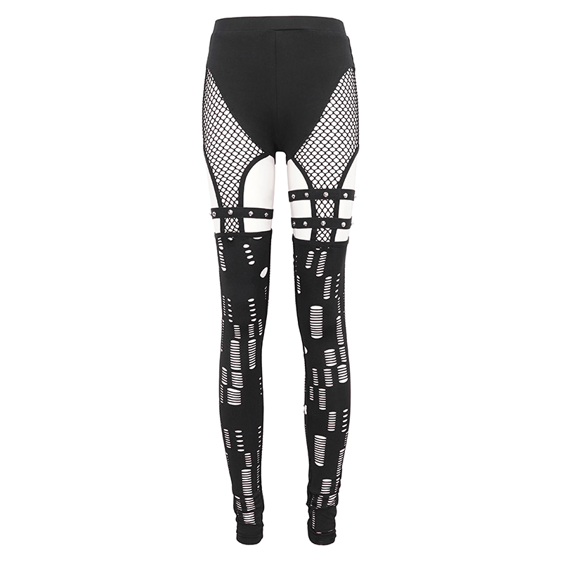 Edgy women's black leggings with sexy hole net design and studded belt accents on thighs for a gothic look.