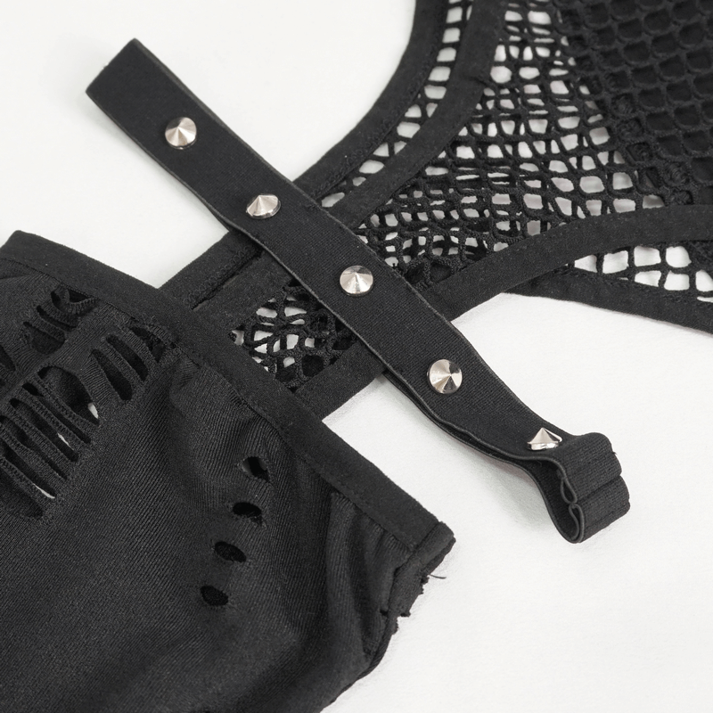 Close-up of black sexy leggings showing hole net design and metal studded belt accents, perfect for an edgy gothic look.