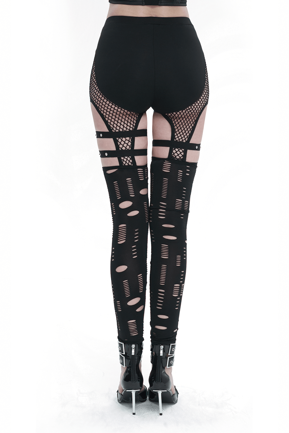 Edgy sexy leggings with a provocative hole net design and studded accents, perfect for a gothic punk style.
