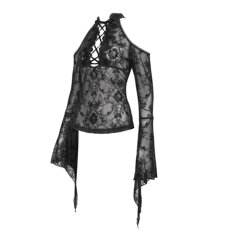 Gothic sexy hollow out shoulder top with transparent trumpet sleeves and lace detailing.